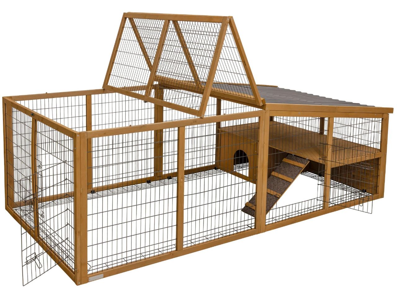 Kaninhage i trä med rymningskant-plasttak-krypin XXXL 220 cm