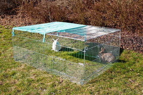 Kaninhage med SMÅ maskor, solskydd och smart rymningskant 144 cm