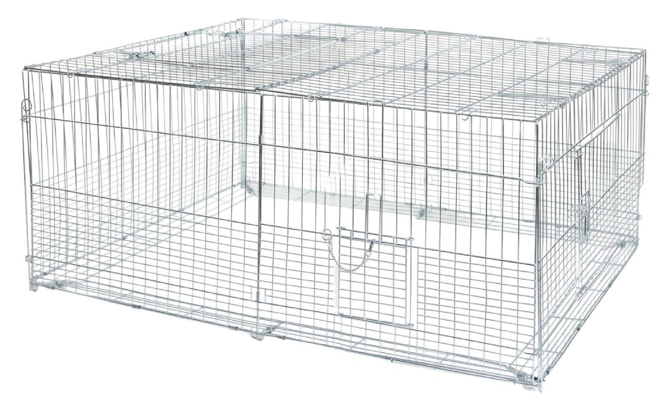 Kaninhage med SMÅ maskor, solskydd och smart rymningskant 144 cm