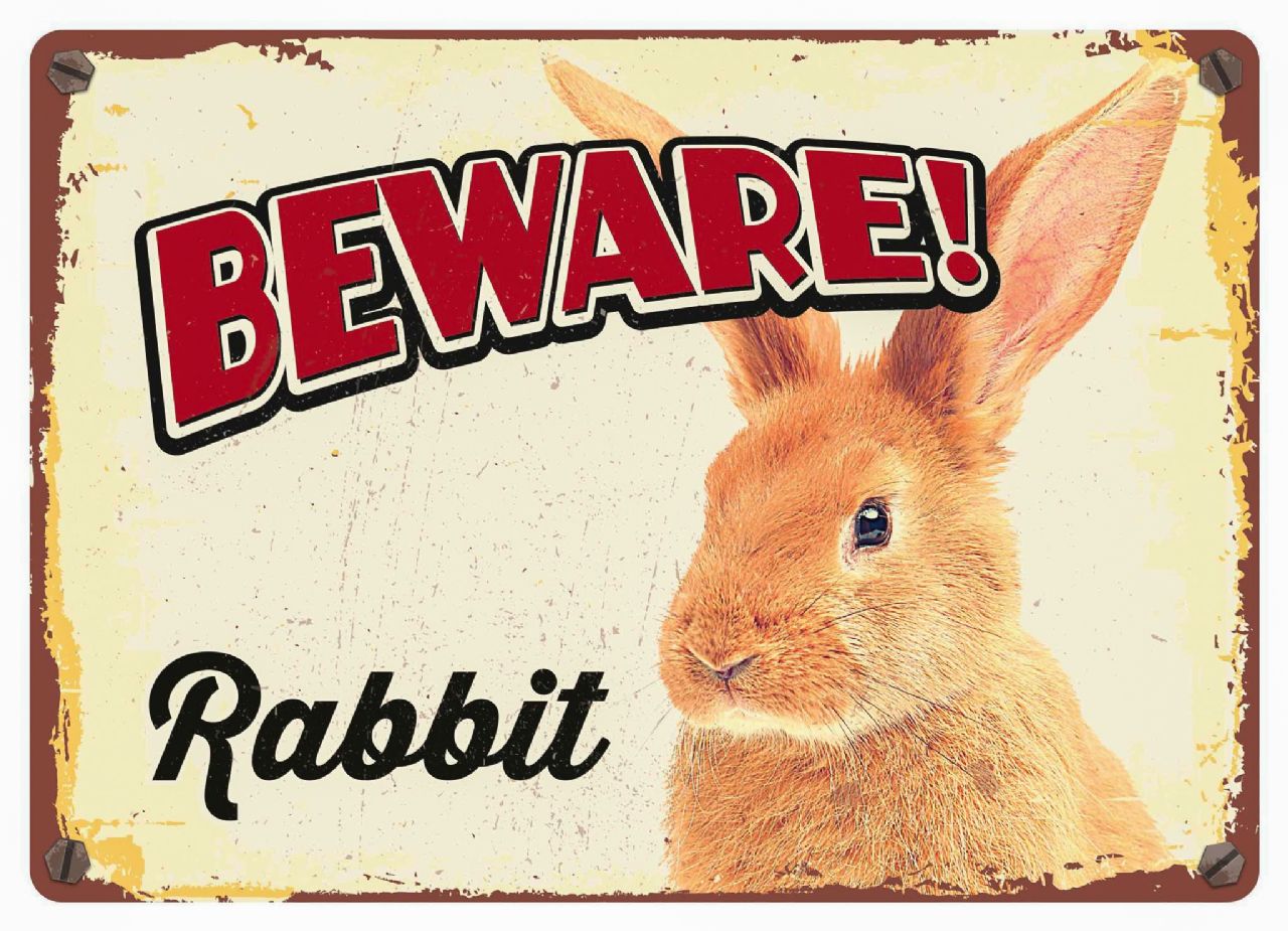 Skylt i plåt - Beware Rabbit 21x14,9 cm